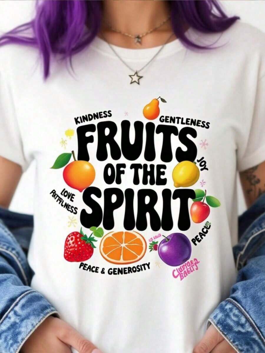 Women's Casual T-Shirt, Crew Neck, Short Sleeve | Fruits Of The Spirit Christian Design With Colorful Fruits And Inspirational Words Heat Transfer Print | Spiritual Message And Vibrant Artwork 100% Durable Cotton - 白色 - 查看 1