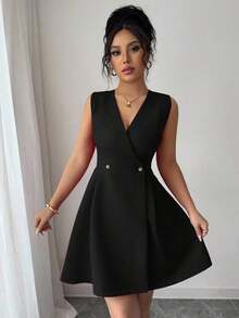 Vestido de mujer elegante, de estilo francés, de unicolor, con escote en V, abotonadura doble pecho con botones de metal, plisado, mini línea A, sin mangas, para uso casual, vacaciones, oficina o diario, primavera/verano - Negro - Ver 5