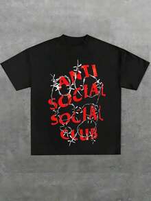 Plus Size T-Shirt With 'Anti Social' Letter Print And Barbed Wire, Urban Style, 1 Piece, 100% Cotton, Men's Casual T-Shirt, Short Sleeve Crew Neck Graphic Tee, 220g, Ideal For Going Out, Unisex Summer Gift - 黑色 - 查看 12