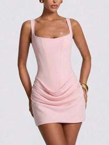 1pc Women's Solid Color Sweetheart Neck Ruched Waist Fashionable Mini Dress - 粉色 - 查看 6
