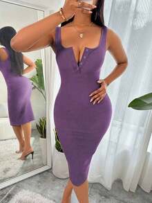 Vestido largo de punto ajustado con medio botón y acanalado, color burdeos, atuendo de mujer - Morado - Ver 4