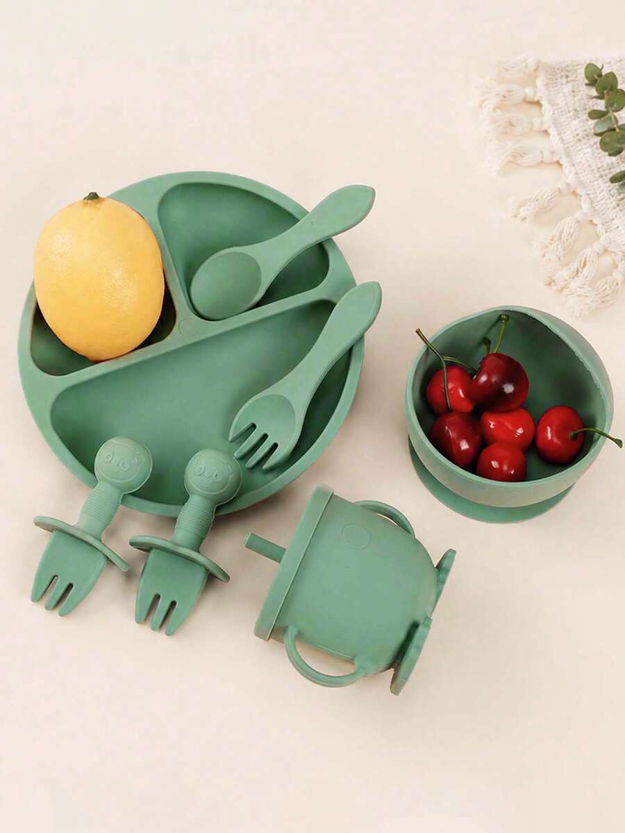 8pcs Silicone Baby Feeding Set, Including Suction Bowl, Fork, Spoon, Bib And Cup, Cultivate Self-Feeding Skills, Dishwasher , Suitable For 0+ Months - Cutlery Set - View 1