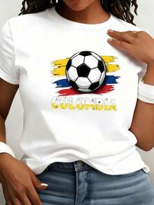 Women's Colombian Flag Soccer Jersey 2026 - Clothing For Colombian Soccer Fans, Short Sleeve Crew Neck Shirt With National Print, Casual And Suitable For Urban Wear, Vacations, Travel, Everyday Wear, Machine Washable. Ideal For Gifting. Women's T-Shirt. Elegant. Bohemian Style. Soft, Breathable, And Comfortable Garment, Perfect For Spring, Summer, And Fall; Ideal For Vacations, Travel, And Everyday Wear. Perfect For Watching A Game. - 白色的 - 查看 1