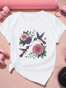 Two Women's Short-Sleeved Sports T-Shirts With A Bright Hummingbird Print. A Very Distinctive Printed T-Shirt / Unisex Style / Suitable For Both Men And Women / Wrinkle-Resistant / Breathable - 白色 - 查看 8