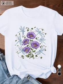 Women's Short Sleeve Sports T-Shirt With Dragonfly And Purple Flower Design - A Very Distinctive Printed T-Shirt / Unisex Style / Suitable For Both Men And Women / Wrinkle-Resistant / Breathable - 白色 - 查看 8