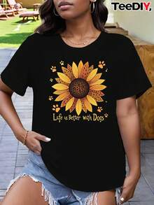 Women's Black T-Shirt With Sunflower And Paw Print Print - Dog Lover T-Shirt Printed With The Slogan "Days With Dogs Are Better", Casual Short-Sleeved Crew Neck Top For Pet Owners, A Very Distinctive Printed T-Shirt / Unisex Style / Suitable For Both Men And Women / Wrinkle-Resistant / Breathable - 黑色 - 查看 12