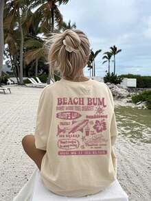 Camiseta de manga corta con cuello redondo y estampado de tiburones, ondas y flores para mujer, moderna y versátil para vacaciones de primavera/verano en color blanco. - Albaricoque - Ver 6