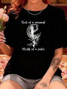 vintage Camiseta de la alma de una sirena, boca de marinero, sirena, luna y mariposa, camiseta de ejercicio al aire libre para mujeres, camisetas gráficas, tops cortos, conjuntos, tops, camiseta RRHA  top playeras de mujer>basico - Negro - Ver 1