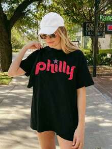 Premium Plus Size Vintage Philadelphia Baseball T-Shirt: Loose Fit, 100% Cotton, Women's Casual Short Sleeve Crew Neck Graphic Print T-Shirt,  Gift For Mother's Day Or Easter - 黑色 - 查看 6