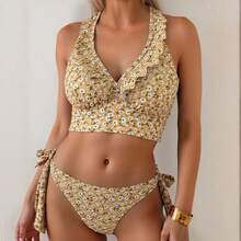 Nuevo traje de baño de dos piezas para mujer con top con volantes y estampado floral para vacaciones y playa. - Amarillo - Ver 3