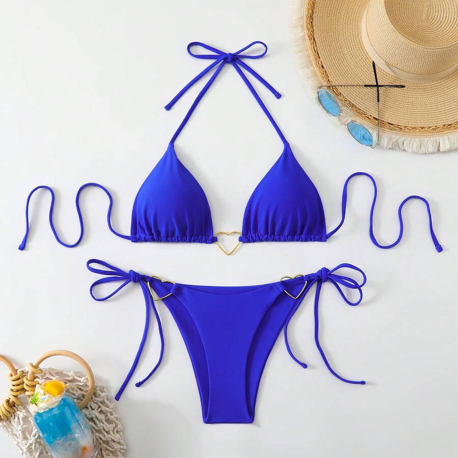 26 New Bikini Models, Sexy Two-Piece Bikini With Triangle Cup, Sexy Solid Color Swimsuit. - Blue - View 1