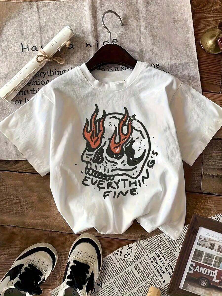 Camiseta de Mujer Holgada y Moderna Estilo Y2K con Calavera, Estampado Retro "Everything's Fine" con Calavera de Fuego, Transpirable y Cómoda, Manga Corta, Cuello Redondo de Algodón Suave, Ideal para Salidas Casuales y Looks de Moda Grunge Rock - Blanco - Ver 1