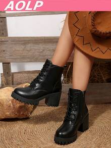 European & American Minimalist Style Autumn/Winter New High Heel Ankle Boots, Metal Belt Decor, Rhinestone Buckle, Chunky Heel & Platform - Black - View 2