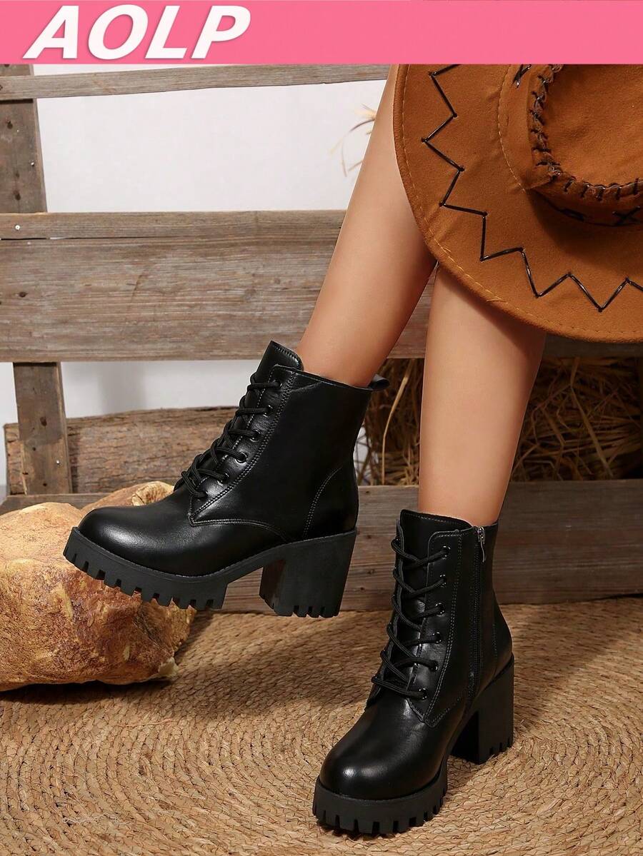 European & American Minimalist Style Autumn/Winter New High Heel Ankle Boots, Metal Belt Decor, Rhinestone Buckle, Chunky Heel & Platform