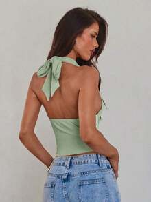 Camiseta sin espalda con cuello halter y decoración de hebilla de metal hueca sexy para mujer - Verde - Ver 2
