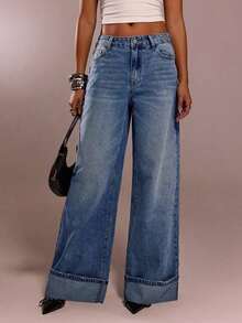Jeans de tiro bajo de pierna ancha, versátil y suelto, de color azul grisáceo lavado de manera casual, nuevos para el verano - Azul - Ver 4