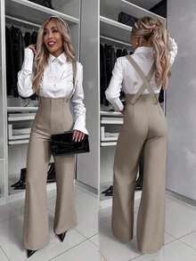 Mono de pierna ancha sin mangas de unicolor elegante para mujer, versión de verano para uso casual en la oficina, color negro - Marrón Mocha - Ver 4