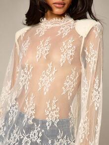 AiiRZ Blusa de encaje transparente con mangas largas de campana, cuello alto, estampado floral y superposición transparente - Beis - Ver 2