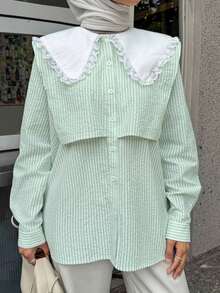 Blusa holgada de mujer con cuello Peter Pan, casual para primavera y verano - Verde - Ver 6