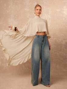 Nueva llegada Blusa elegante de mujer de alta gama con cuello suelto, bajo asimétrico con volantes, parte delantera corta y parte trasera larga - Albaricoque 2 - Ver 3