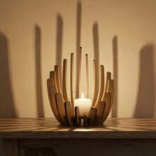 1pc Desktop Decor Gift Wooden Candle Holder, Flame-Shaped Lotus Design, Handmade Wooden Candle Stand, Suitable For Christmas, Valentine's Day, Home Decor (Requires Assembly) - 1PC - View 3