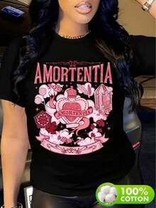VintageRopa de Mujer Talla Grande, Camiseta Casual de Manga Corta para Mujeres, Diseño de Patrón "AMORTENTIA" - Camiseta Negra con Ilustración Blanca, Cuello Redondo, Adecuada para Primavera y Verano, Ilustración Relajada, Ajuste Cómodo, Camiseta de MujerGraphic Tee - Negro - Ver 1