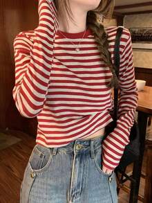 Las mujeres de América retro cuello redondo a rayas camiseta de manga larga, las mujeres de otoño e invierno de fondo interior de la camisa delgado diseño de la camiseta tops cortos - Rojo - Ver 4