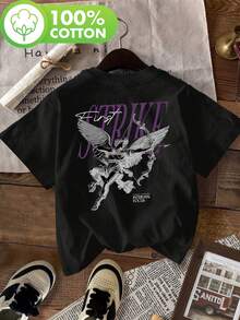 Camiseta Retro Y2K para Mujer - Estampado Ángel y STRIKE en la Espalda, Manga Corta Cuello Redondo, Diseño Blanco con Morado y , Ajuste Regular, Moda Urbana Hip Hop, Top Crop, Lavable a Máquina, Material Suave, Camiseta Casual de Verano Primavera, Estilo Streetwear, Para Aficionados a la Moda - Negro - Ver 6