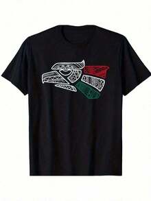 Camiseta de Hombre y Mujer con Diseño de Águila y Cactus Mexicanos - Hecho en México () - Camiseta Gráfica Retro de Algodón Puro de 220 g/m² con Estampado del Emblema Nacional, Corte Regular, Cuello Redondo, Estilo Casual para Ropa de Cultura MexicanaConjuntos de Vacaciones de Verano 2026 - Negro - Ver 1