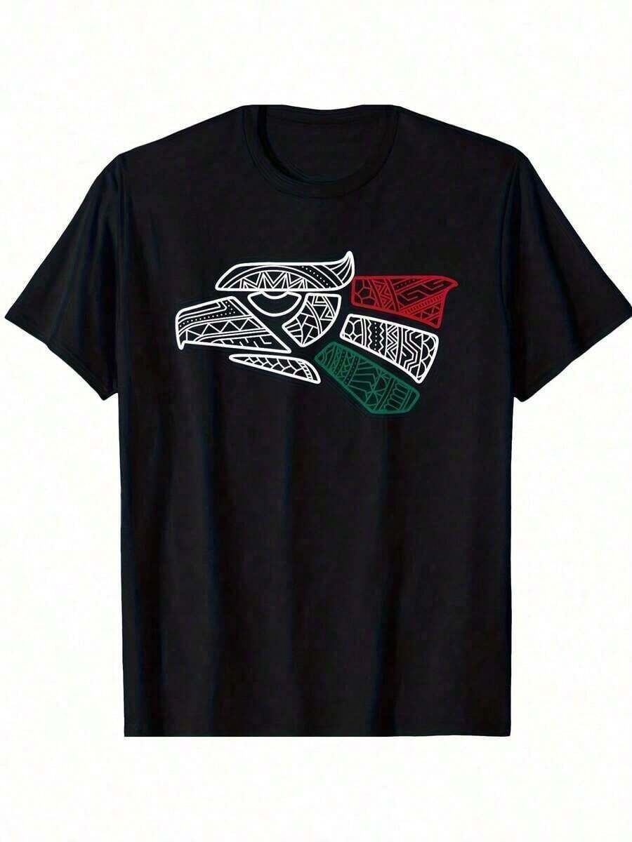 Camiseta de Hombre y Mujer con Diseño de Águila y Cactus Mexicanos - Hecho en México () - Camiseta Gráfica Retro de Algodón Puro de 220 g/m² con Estampado del Emblema Nacional, Corte Regular, Cuello Redondo, Estilo Casual para Ropa de Cultura MexicanaConjuntos de Vacaciones de Verano 2026 - Negro - Ver 1