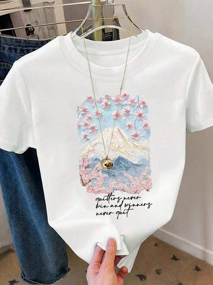 Camiseta estampada con diseño de montaña y flores de cerezo, manga corta, cuello redondo, top casual, perfecta para primavera y verano, ropa de mujer.Alta calidad, transpirable y cómodo - Blanco - Ver 1