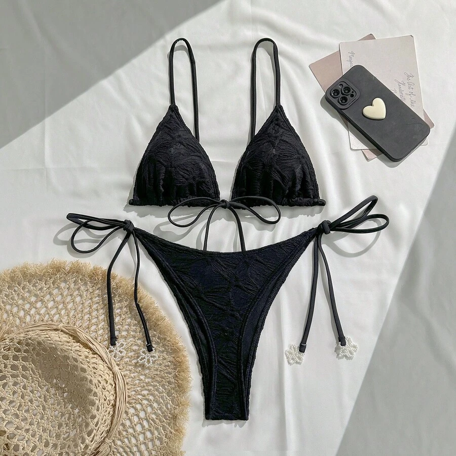 En stock: Traje de baño de dos piezas para mujer, estilo bikini, con cuello halter y lazo, sexy y a la moda, modelo 2026. - 9277 Bikini negro - Ver 1