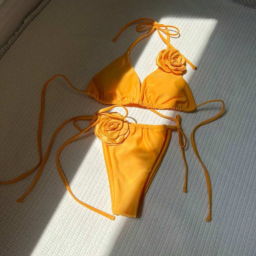 New Women's Two-Piece Swimsuit, Solid Pink Color, With Adjustable Straps. - 黃色 - 查看 1