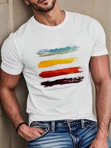 Camiseta para hombre, con estampado moderno, esta camiseta de manga corta para hombre presenta un estampado artístico de pinceladas en degradado en la parte frontal, con cuatro capas de color que reproducen el ambiente natural de las montañas al atardecer. Las pinceladas son informales y de espíritu libre, creando una sensación de atmósfera artística, adecuada para diversas ocasiones como el desplazamiento diario y salidas informales. El clásico cuello redondo se ajusta cómodamente al cuello, sin restricciones; el corte ajustado, ligeramente holgado, es adecuado para todo tipo de cuerpo, permitiendo un movimiento sin restricciones, y la prenda superior es sencilla y elegante. La técnica de impresión es exquisita, con colores brillantes y duraderos, que reflejan fácilmente el gusto artístico y la individualidad. Es un imprescindible en el guardarropa de los jóvenes artistas y de los hombres a la moda, creando sin esfuerzo un atuendo elegante. - Blanco - Ver 8