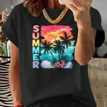 2026 Summer New Style, Colorful SUMMER Text With Coconut Tree Scenery, Casual Printed Round Neck Short Sleeve Top With Elastic Waist Pocket Shorts For Women - T-shirt - View 7