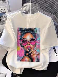 Camiseta de mujer con estampado de grafiti personalizado, camiseta casual de manga corta y cuello redondo para mujer, adecuada para el uso diario. - Blanco - Ver 1