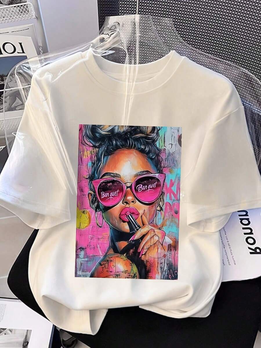Camiseta de mujer con estampado de grafiti personalizado, camiseta casual de manga corta y cuello redondo para mujer, adecuada para el uso diario. - Blanco - Ver 1
