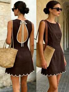 Vestido casual sin mangas con cuello redondo y espalda descubierta con lazo para mujer - Marrón - Ver 1