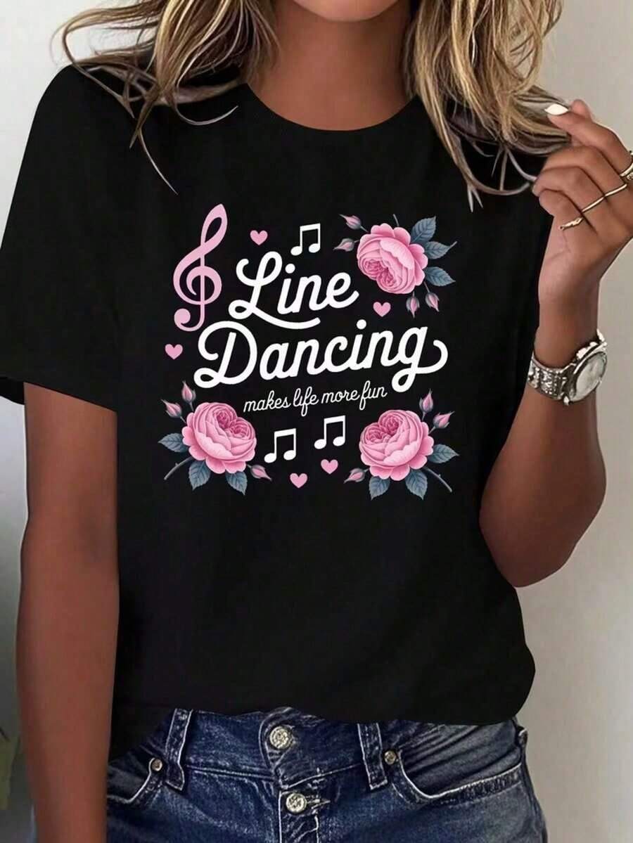 Camiseta Holgada Sencilla Mujer Estilo Moderno 100% Algodón - Camiseta de Danza para Mujer con Diseño de Líneas Musicales, Ropa de Baile Cómoda y Casual, Lavable a Máquina para Todas las Temporadas, Ideal para Clases de Baile, Práctica y Atuendo Casual - Camiseta Transpirable con Estampado Gráfico de Verano 2026 - Negro - Ver 1