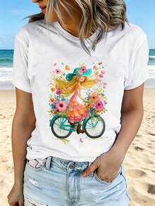 Camiseta de manga corta estampada para mujer, moderna y casual, lavable aáquina, ajuste cómodo, estampado plano 2D, estilo vintage urbano, unisex, de algodón, cuello redondo. - Blanco - Ver 1