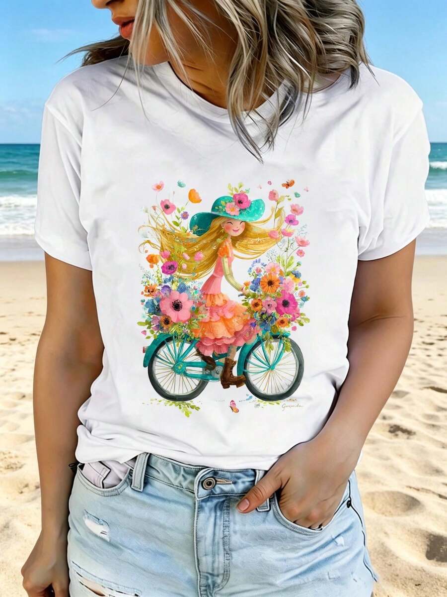 Camiseta de manga corta estampada para mujer, moderna y casual, lavable aáquina, ajuste cómodo, estampado plano 2D, estilo vintage urbano, unisex, de algodón, cuello redondo. - Blanco - Ver 1