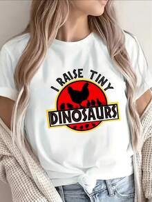 Polyester Short-Sleeved T-Shirt With Fun Dinosaur And Chick Prints, Lightweight And Durable, Suitable For Casual Wear At Home Or In Restaurants, Available In Multiple Styles. - White - View 7