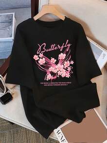 Camiseta de manga corta con estampado de mariposas estilo coreano para mujer, novedad de verano, corte holgado, estilo dulce y juvenil, a la moda. - Negro - Ver 7