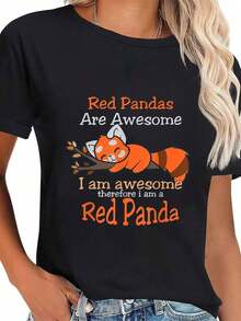 Camiseta de Algodón 100% con Diseño de Panda Rojo para Hombres y Mujeres, Regalo para Amantes del Panda Rojo, Camiseta Gráfica de Cuello Redondo para Verano y Vacaciones - Negro - Ver 6