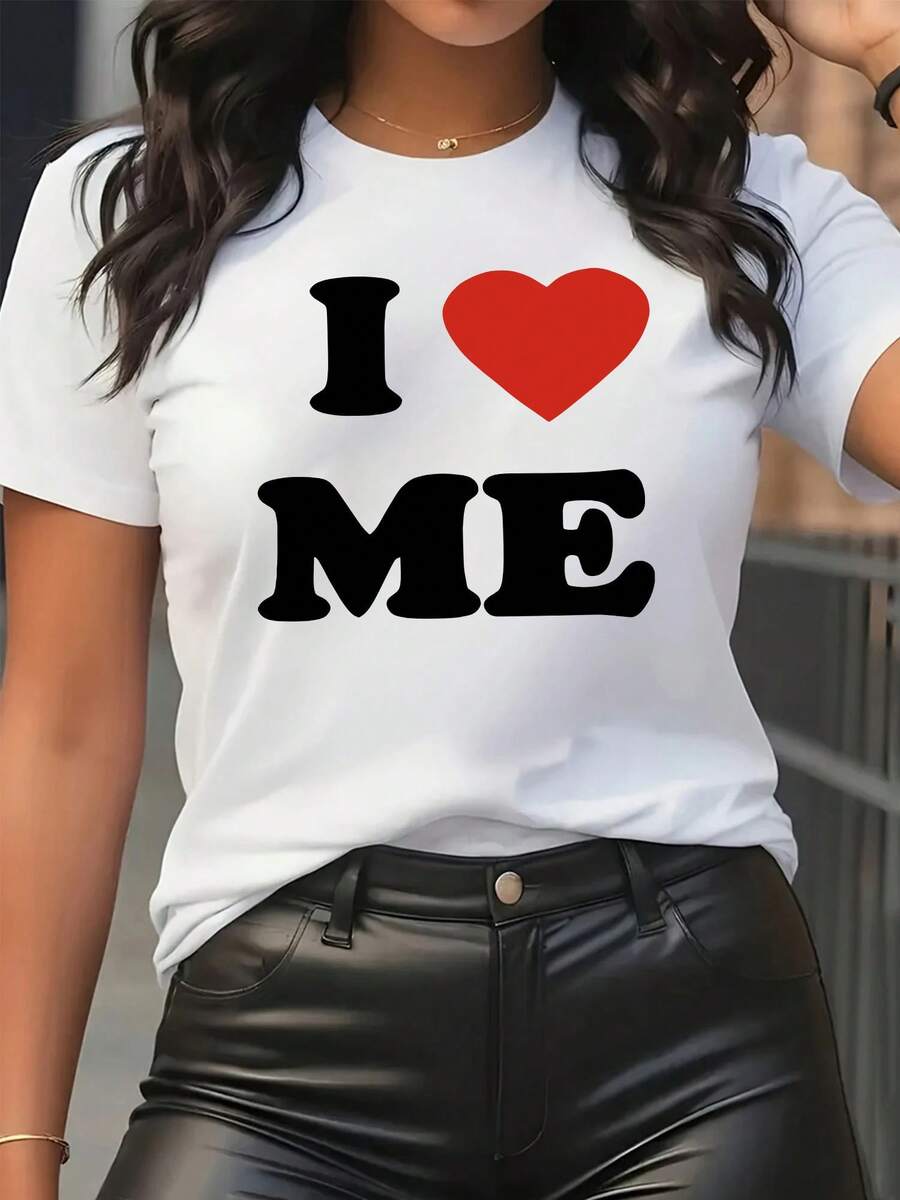 1 camiseta de manga corta con cuello redondo para mujer, con estampado "Me amo a mí misma" - estilo deportivo casual, suave y transpirable, hecha de fibra de poliéster de 180g y spandex, diseño estampado, estilo urbano a la moda, cómoda y casual, audaz y única, imprescindible para el uso diario. Moda urbana, vestimenta cotidiana, ropa de calle a la moda, camisas elegantes, entusiastas de la moda, 180g 100% algodón - Blanco - Ver 1