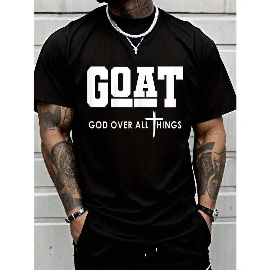 Camiseta de Algodón 100% con Impresión Divertida de Jesús Cristiano, Cuello Redondo de Manga Corta, Adecuada para Todas las Estaciones, Ropa de Hombre - Negro - Ver 1