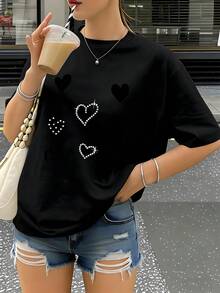 Women's Casual Summer T-Shirt, Short Sleeve Round Neck T-Shirt, Vintage Small Heart Print, Comfortable, Soft, Breathable, New Spring/Summer T-Shirt, Versatile Casual Top For Vacation And Daily Wear. - 黑色 - 查看 12