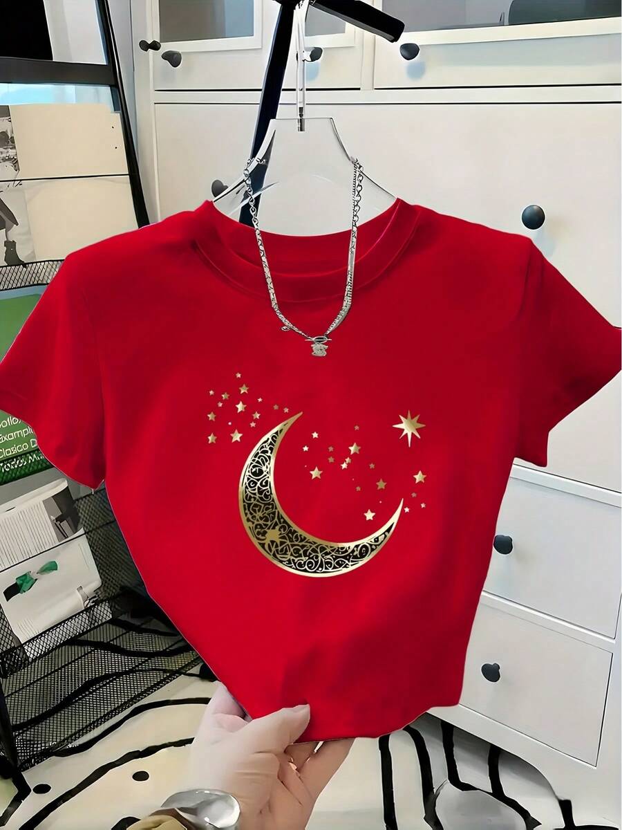 Women's Ultra-Short Moon Print Round Neck Short Sleeve T-Shirt, Modern Design - Unisex Urban Vintage Style Loose Fit Cotton T-Shirt With Round Neck And Short Sleeves. - 紅色 - 查看 1