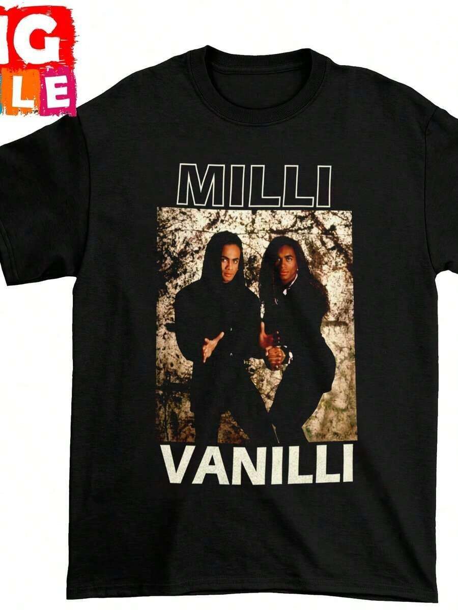 Camiseta Gráfica Retro de los 90 de la Banda Milli Vanilli para Hombre - Negra con Letras Blancas de Milli Vanilli y Fotos de los Miembros - Camiseta Musical Nostálgica y Divertida para Fans, Camiseta Casual de Manga Corta con Cuello Redondo, Lavable a Máquina, Regalo para Hombres, Diseño con Patrón Geométrico, Corte Relajado, Ropa de Cultura Pop, Ideal para Conciertos y Uso Casual, TALLAS GRANDES - Negro - Ver 1