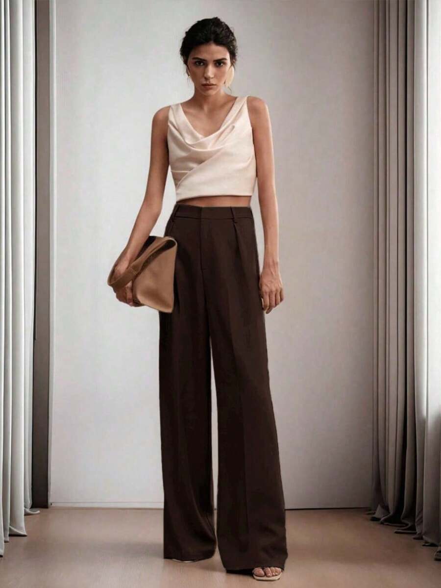 Elegant Women's Wide-Leg Pants - Features Inner Lining - Coffee Brown - View 1